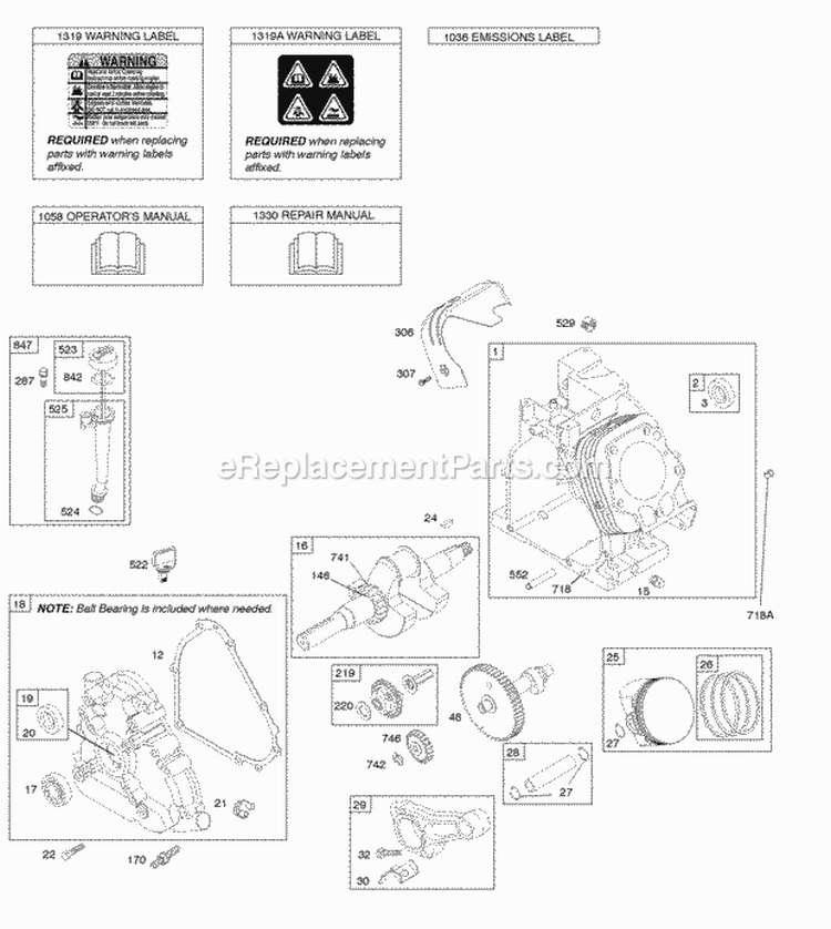 Camshaft Crankcase Cover Crankshaft Cylinder Lubrication OperatorS Manual PistonRingsConnecting Rod Warning Label Diagram and Parts List for 20S157-0110-F1  Briggs and Stratton Engine